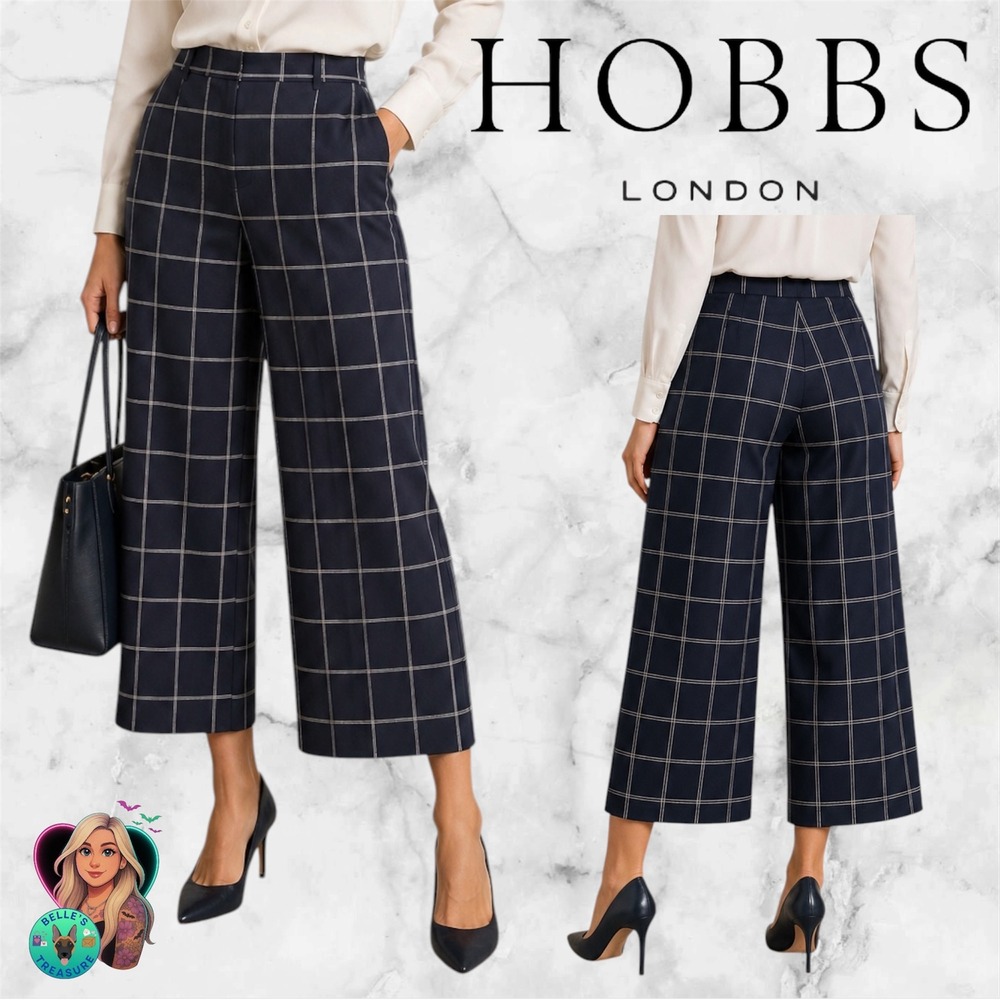 Hobbs London Navy Blue Windowpane Check Wide Leg Crop Culotte Pants US 8 UK 12